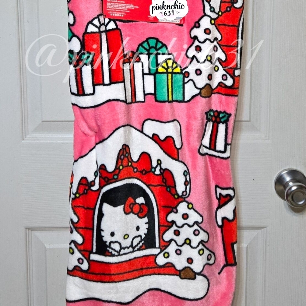 Hello Kitty Pink Christmas Cabin Plush Throw Blanket